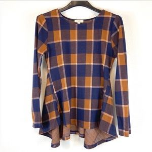 Plaid Long Sleeve Peplum Top, S